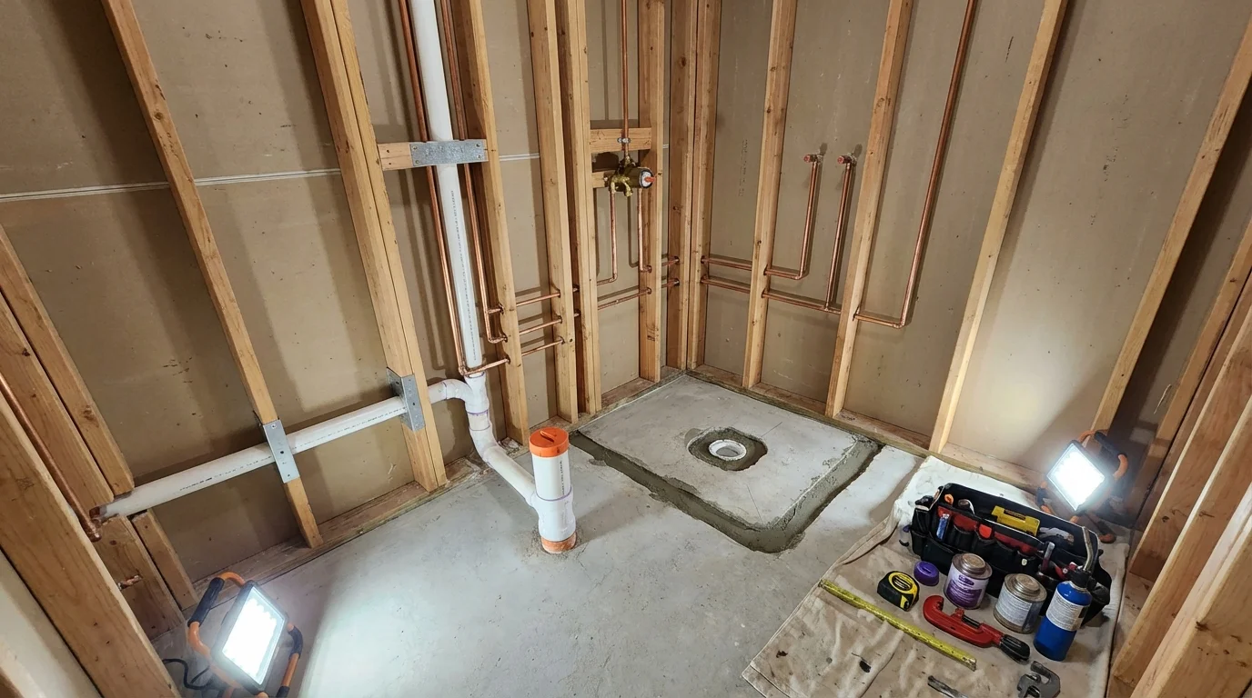 Bathroom rough-in plumbing during remodel by Johns Plumbing LLC in Pembroke