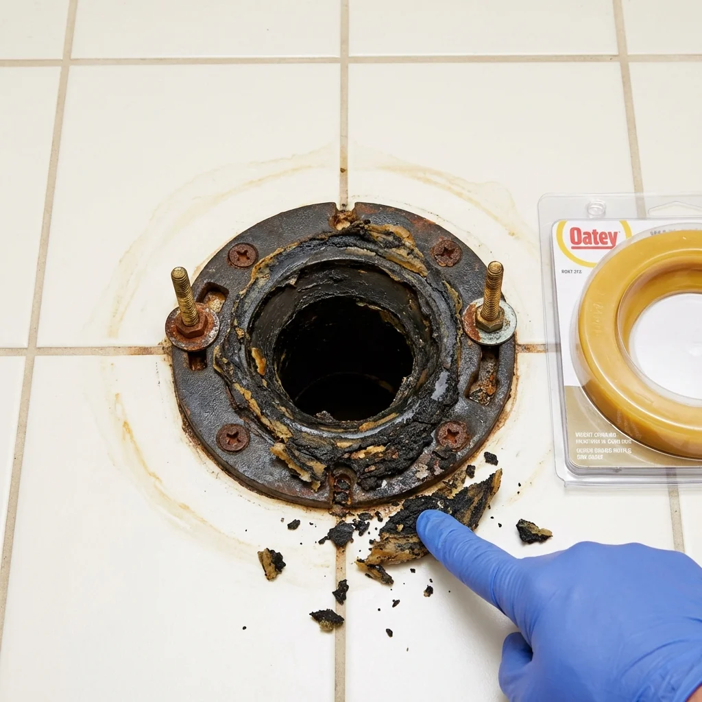 Failed wax ring showing water seepage at the base of a toilet in a Pembroke, GA home