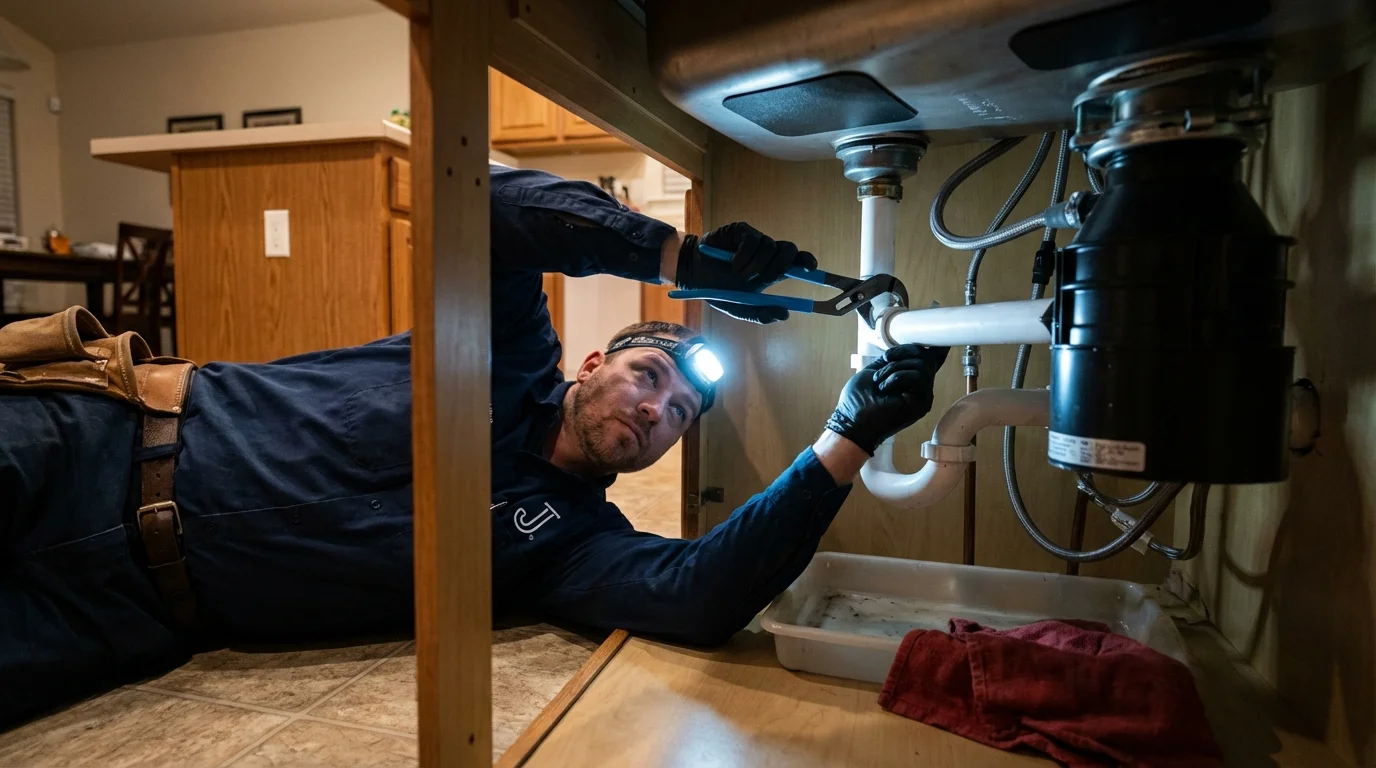 P-trap and supply line connections under a kitchen sink showing a common leak point in Pembroke, GA